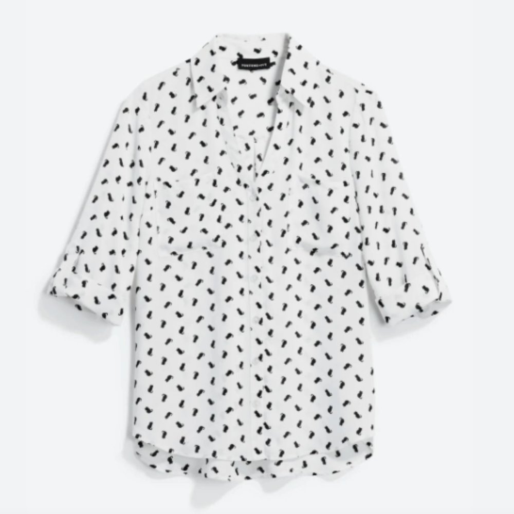 StitchFix FORTUNE + IVY Christelle Button Down Blouse (Cat Print, size M)